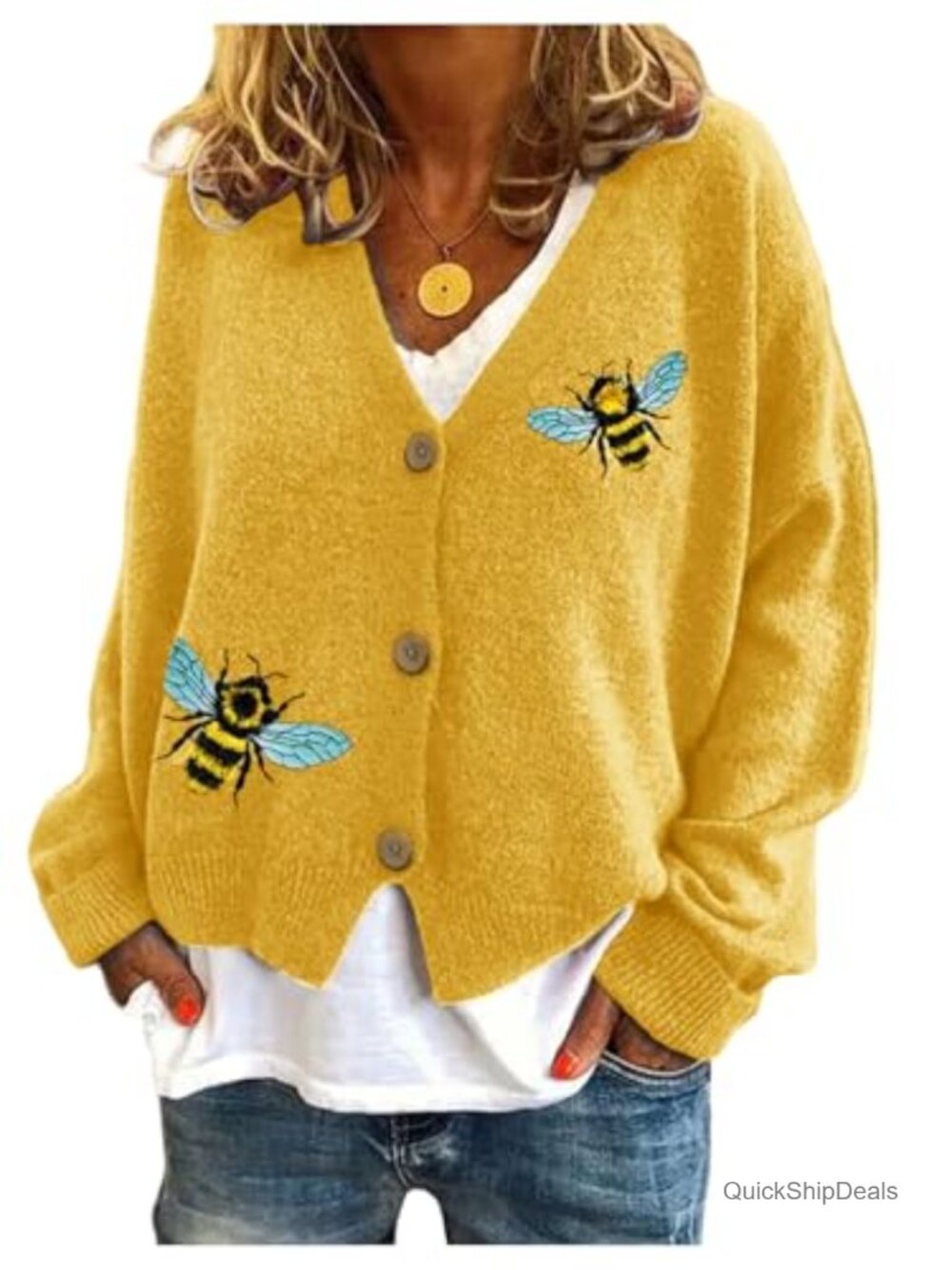Women's Fuzzy Embroidered Button Down Cardigan Sweater